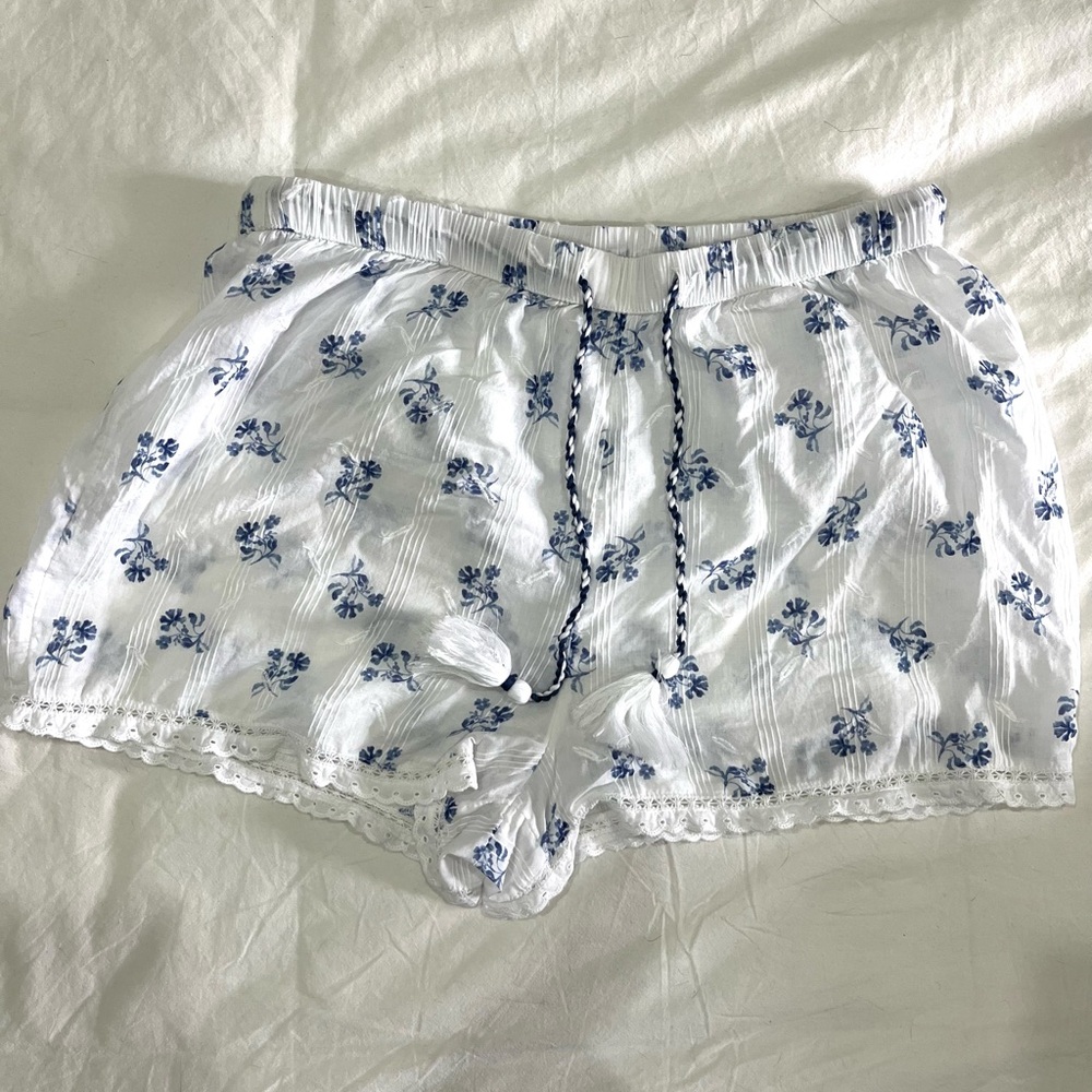 Joie White PJ Shorts with Blue Floral Motif